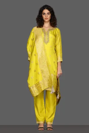 50Z085-RO Yellow Embroidered Suit with Pants and Dupatta