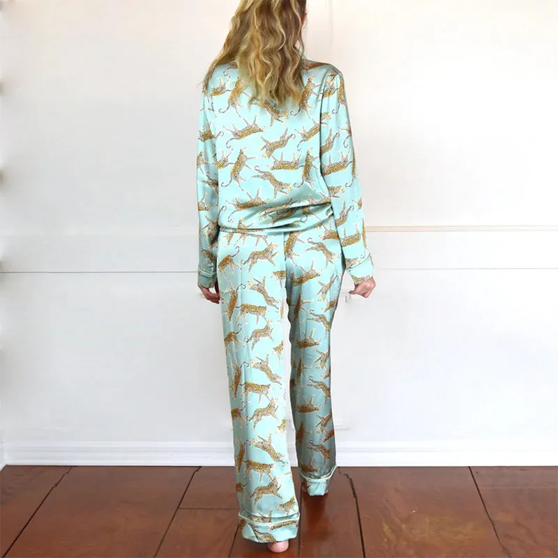 8 OAK LANE | Luxe Satin Ruffle Pant PJ Set - Sage Leopard