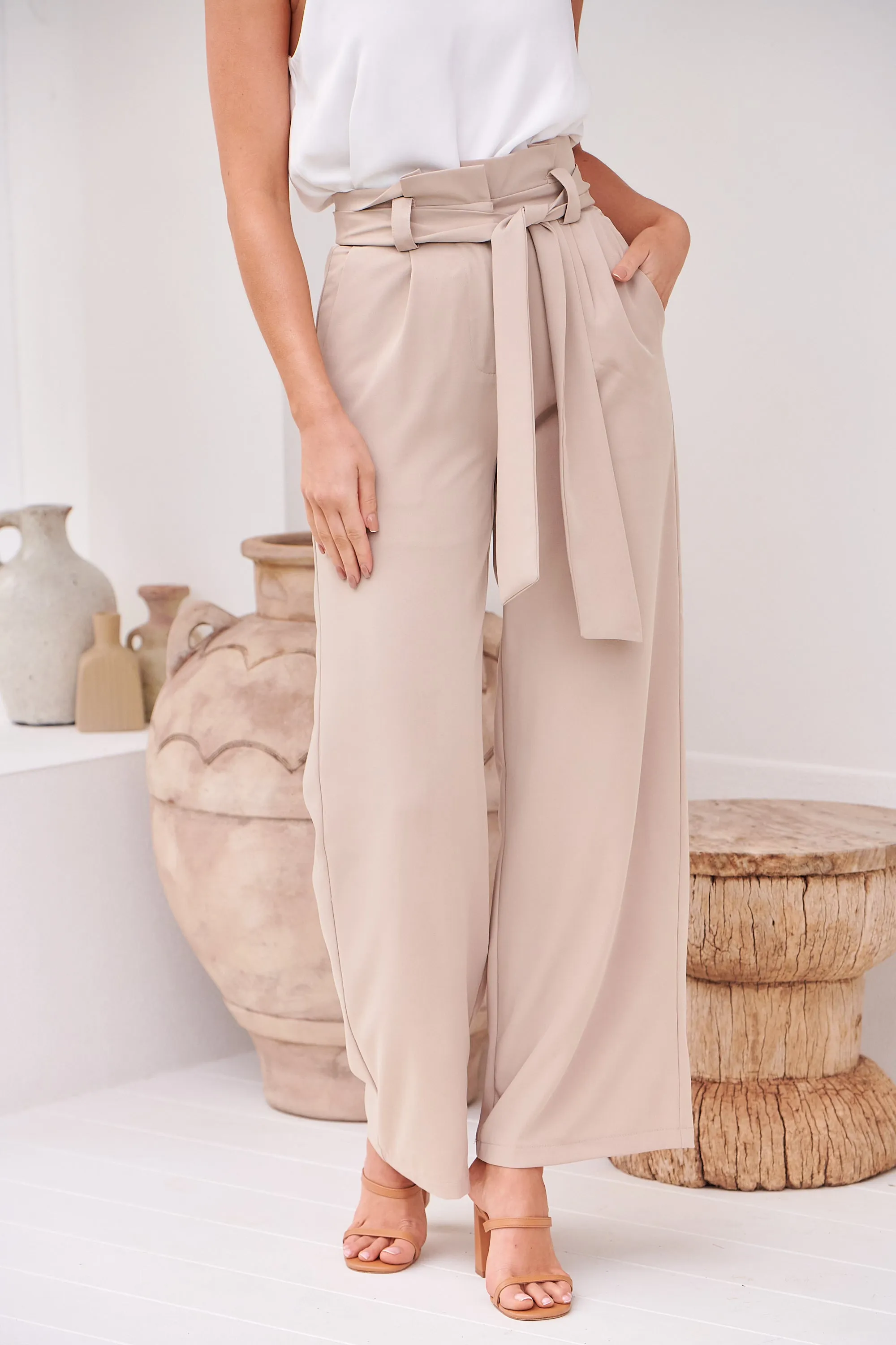 Adara Tie Waist Beige Pants