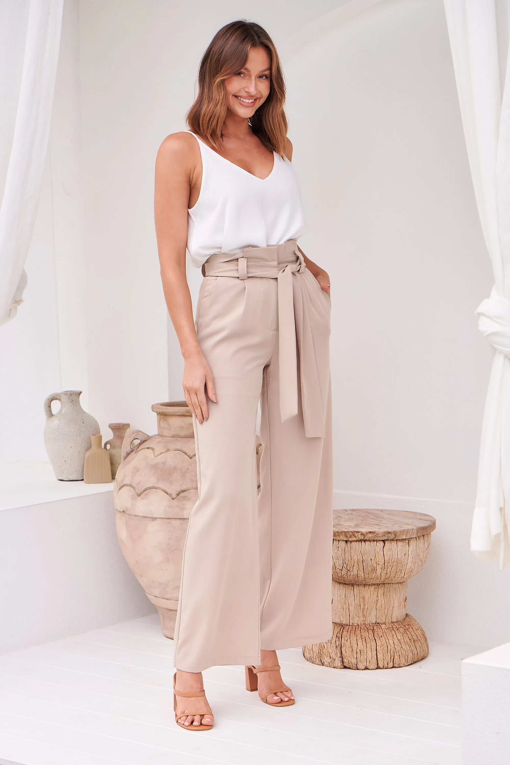 Adara Tie Waist Beige Pants