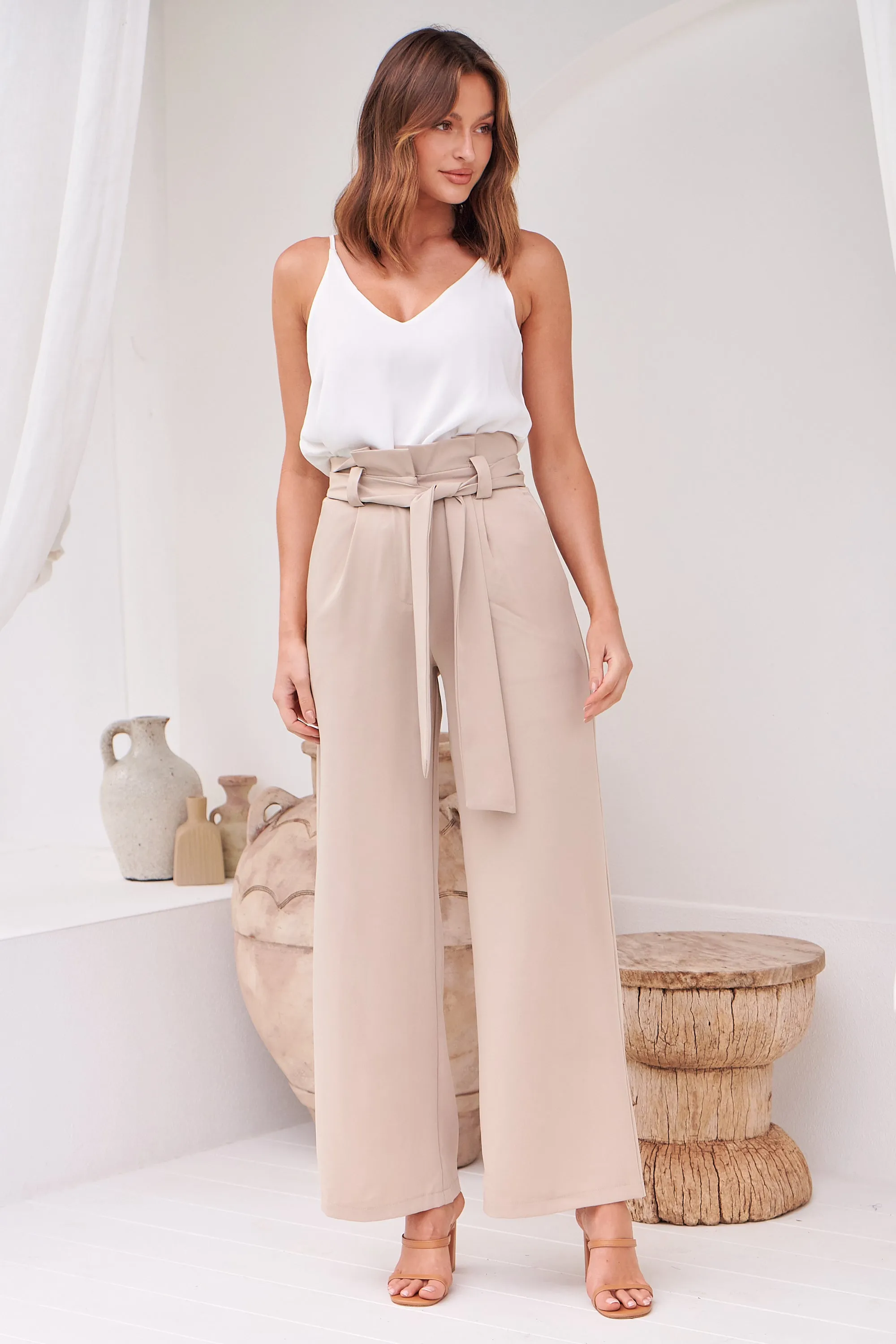 Adara Tie Waist Beige Pants