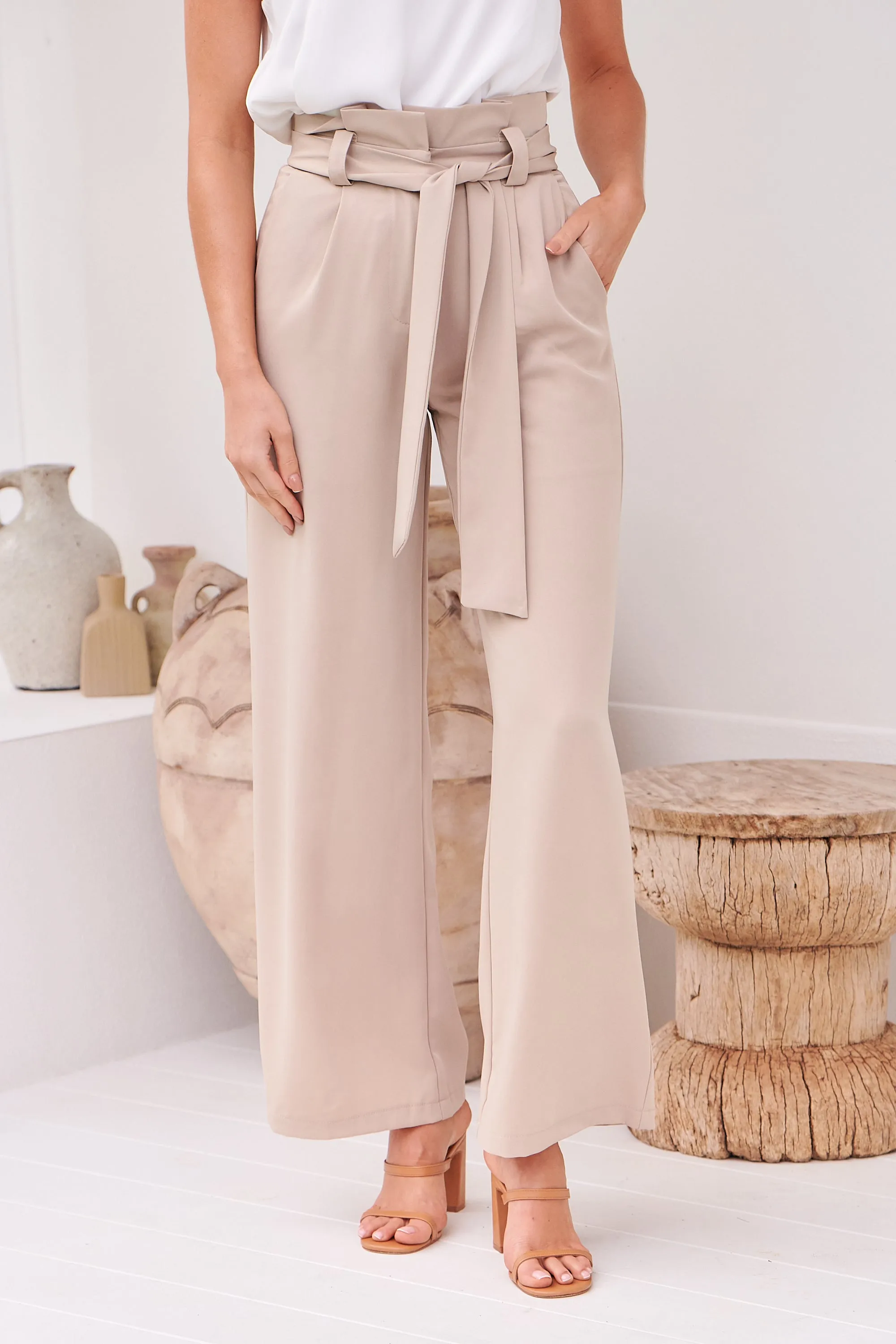 Adara Tie Waist Beige Pants