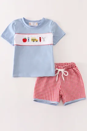 Blue apple embroidery boy set