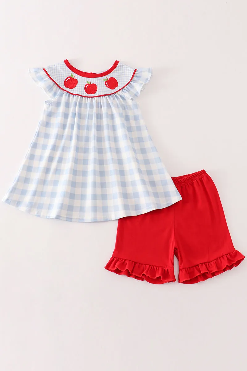 Blue apple embroidery plaid girl set