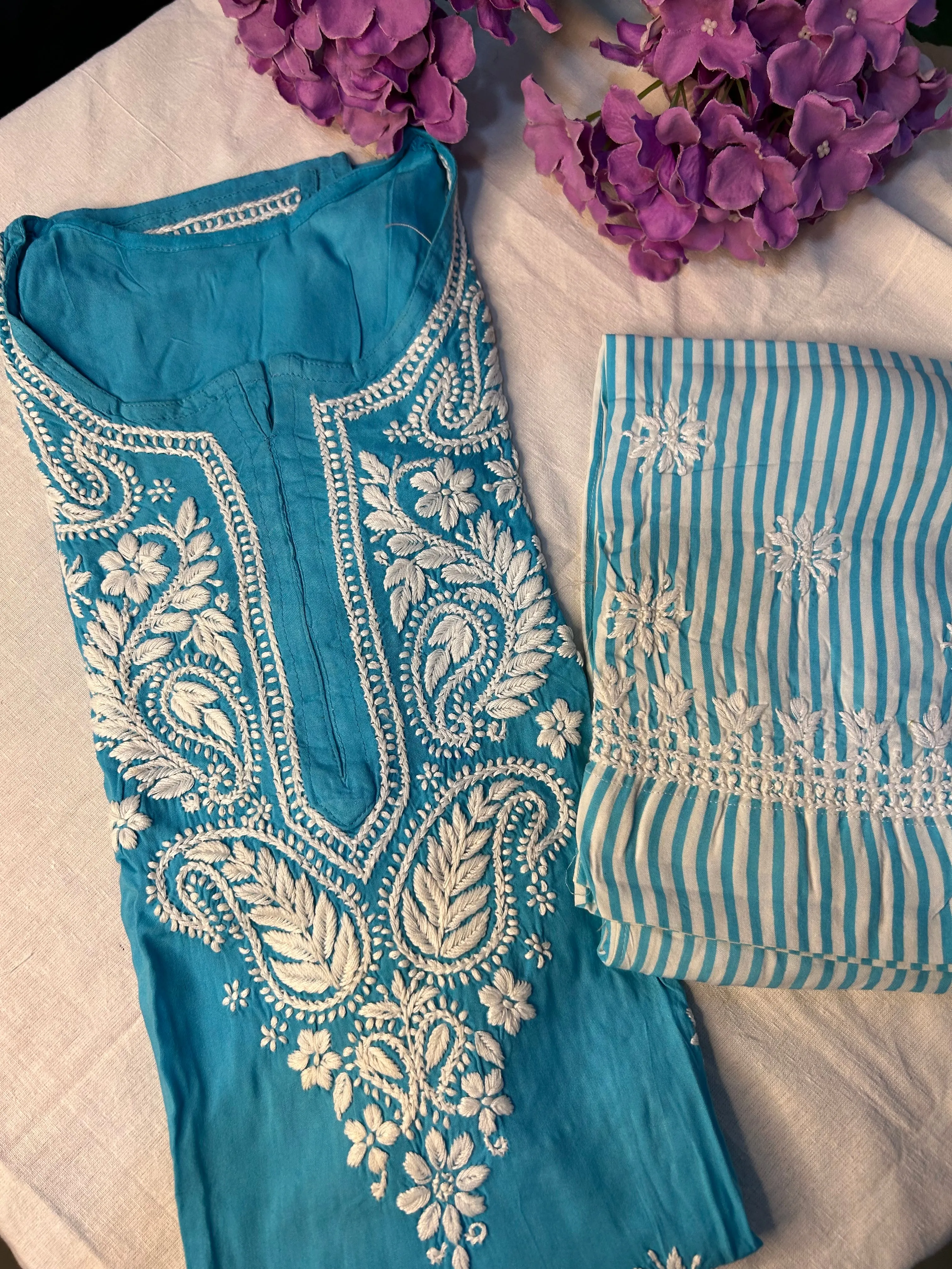 Blue Chikankari Kurti In Rayon With Cotton Stripes Pant