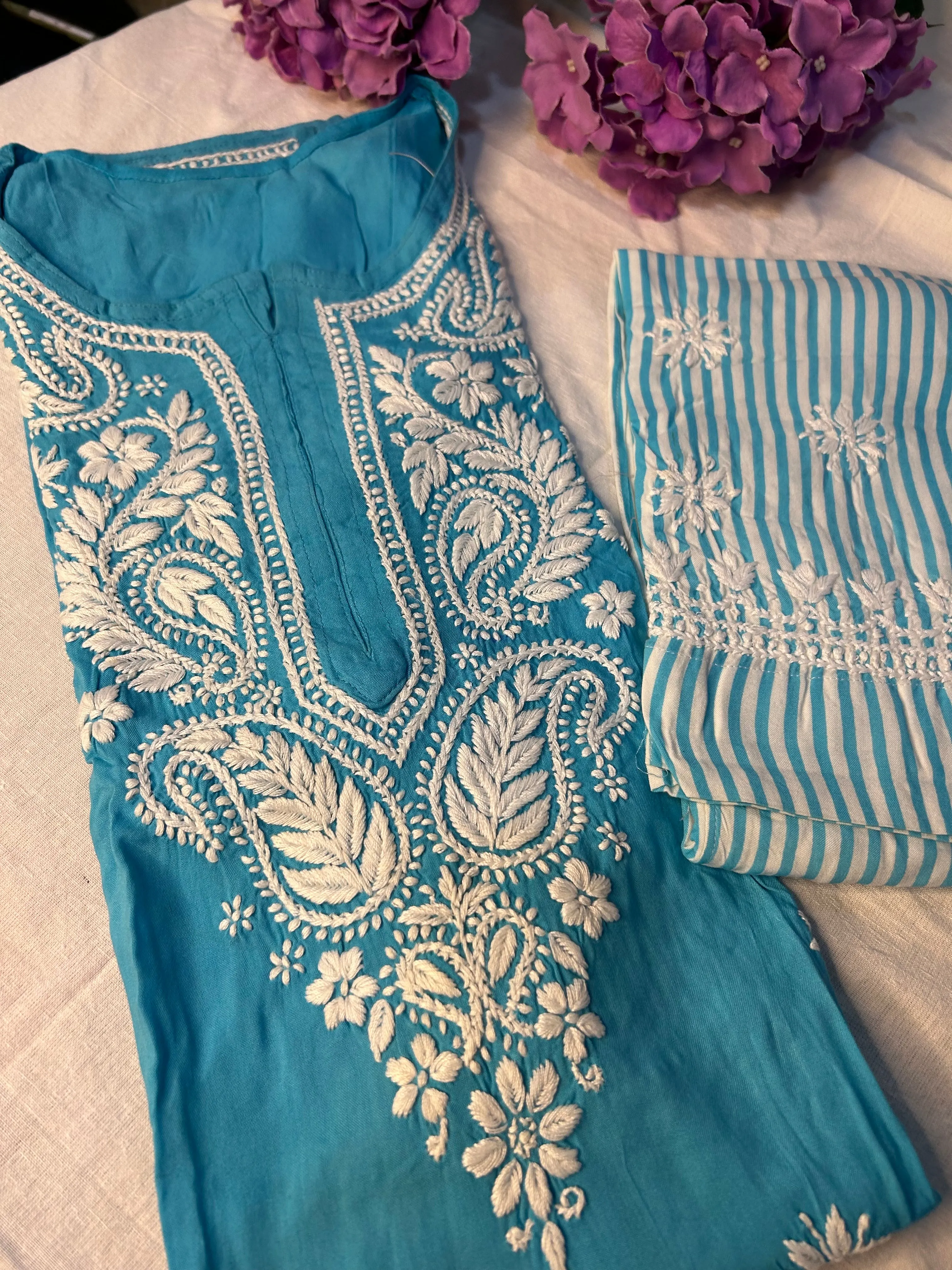 Blue Chikankari Kurti In Rayon With Cotton Stripes Pant