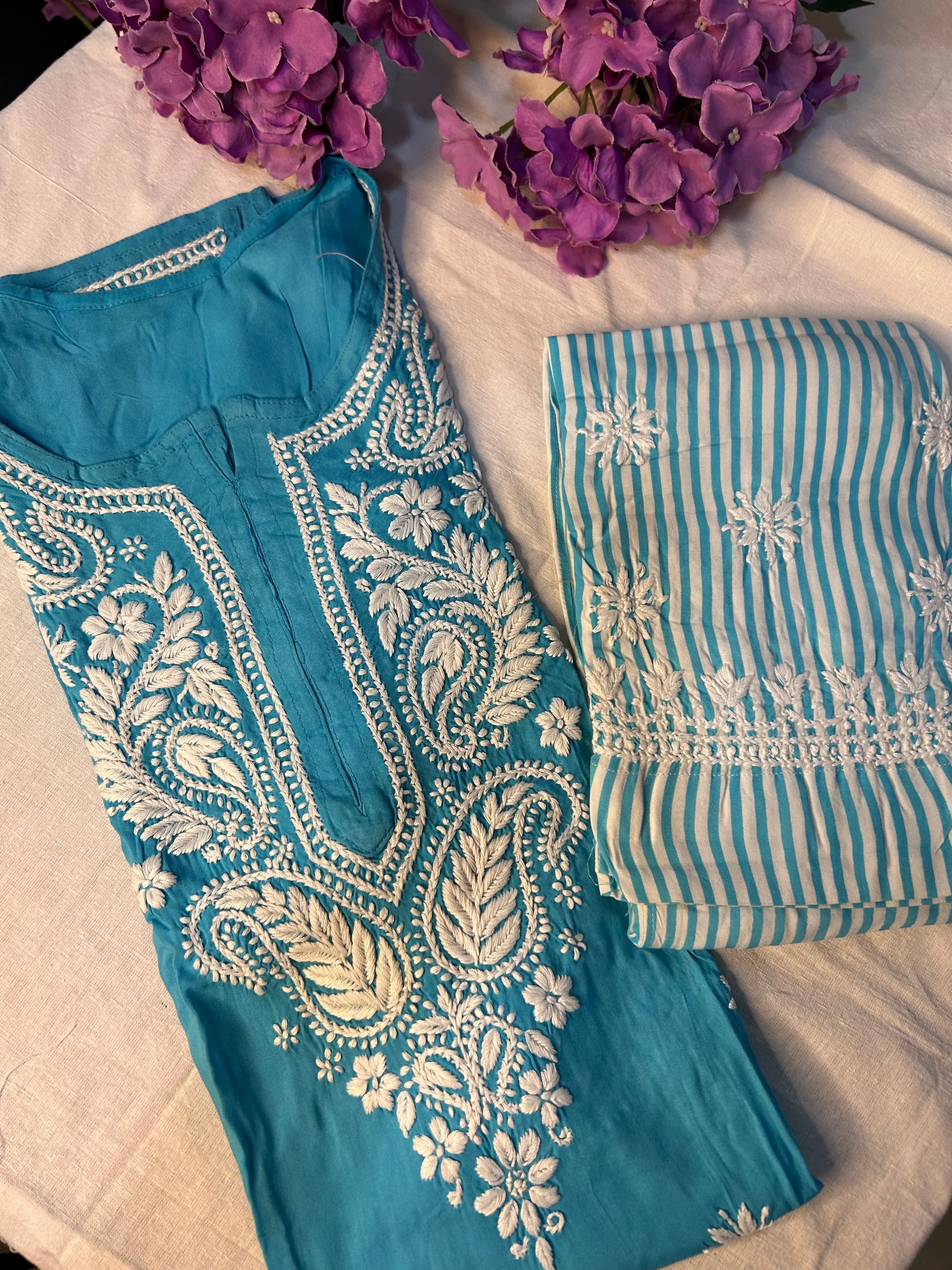 Blue Chikankari Kurti In Rayon With Cotton Stripes Pant