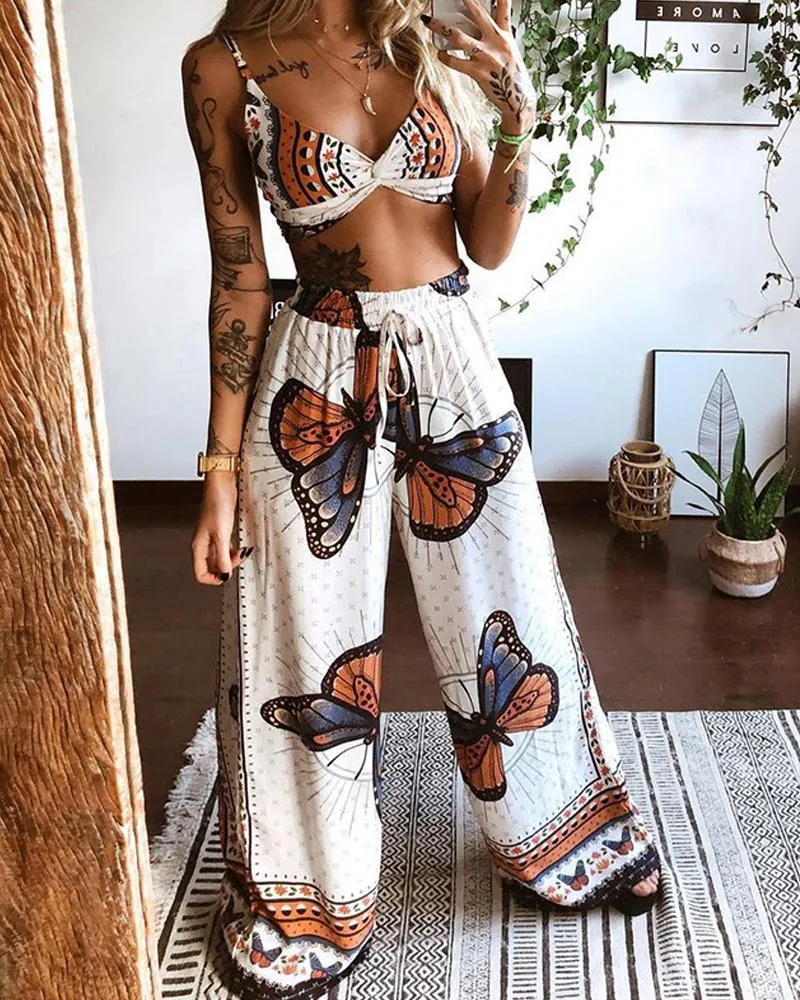 Butterfly Geometric Print Twisted Crop Top & Pocket Design Pants Set