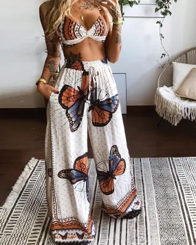 Butterfly Geometric Print Twisted Crop Top & Pocket Design Pants Set