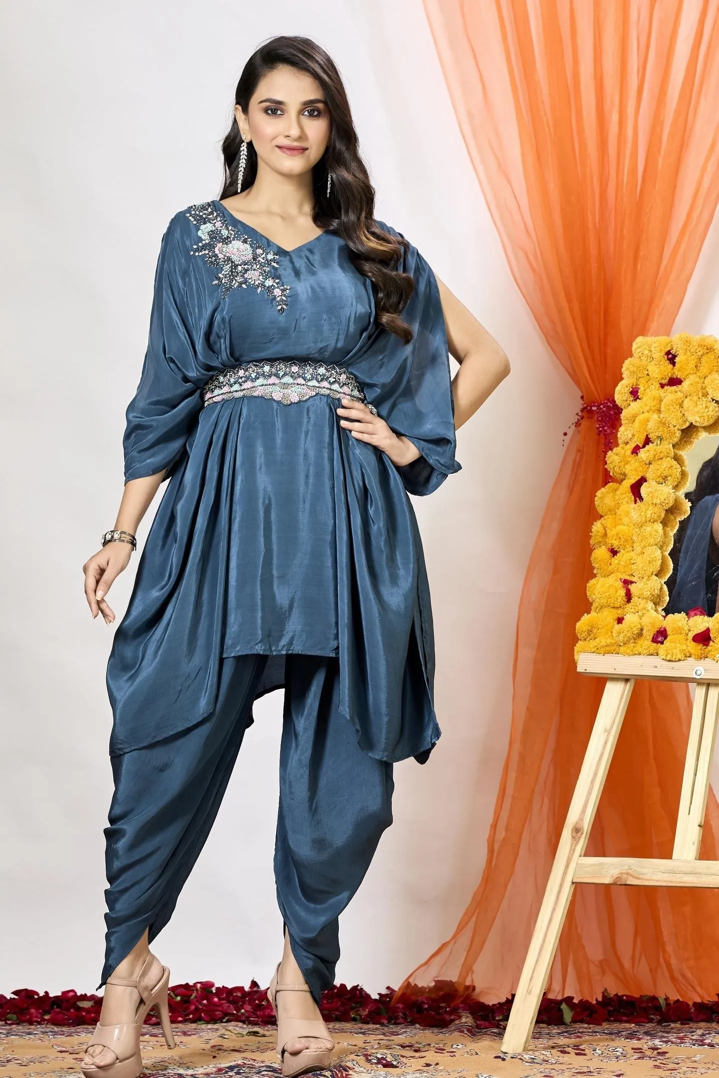 Classic Blue Embellished Crepe Silk Tunic & Dhoti Set