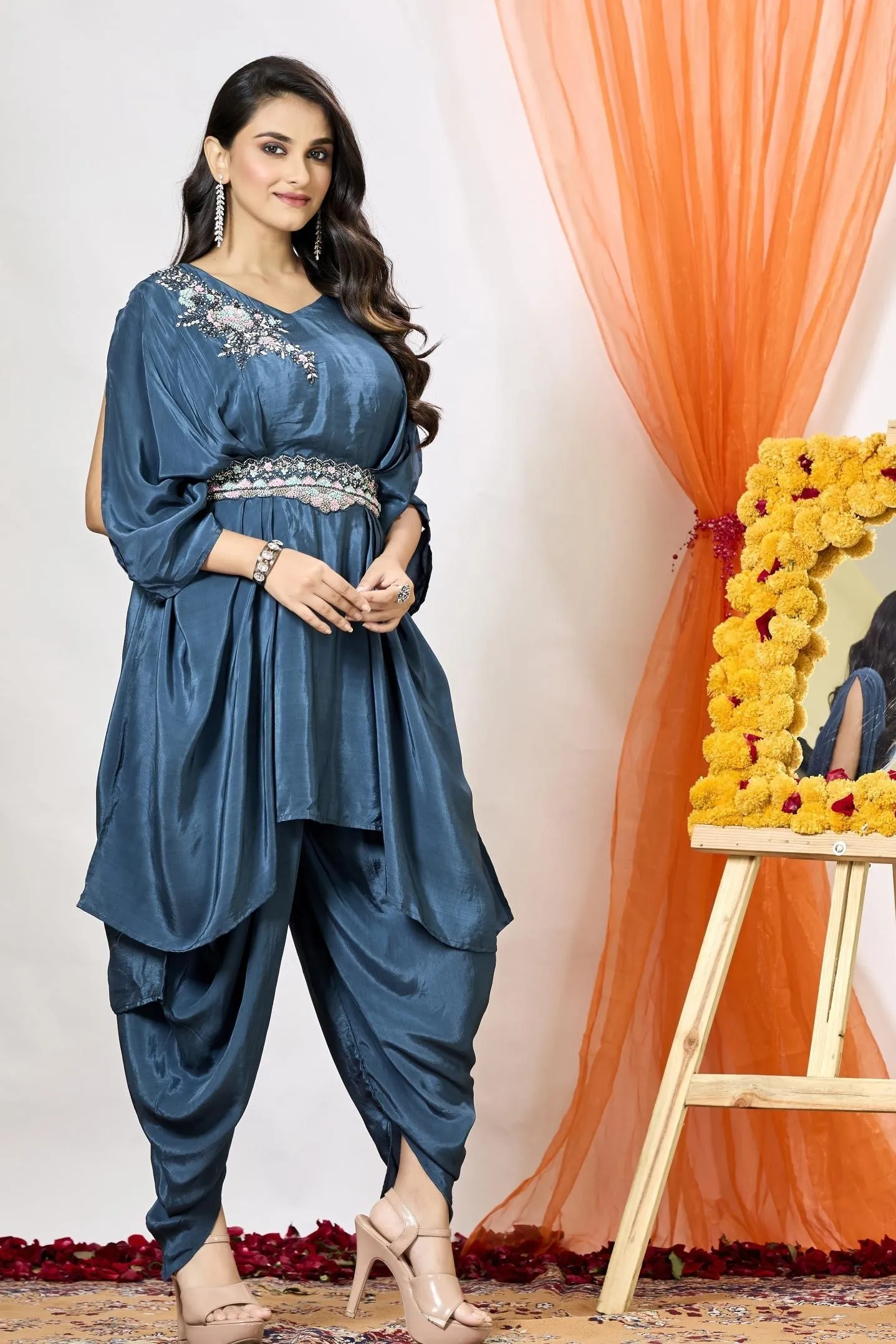 Classic Blue Embellished Crepe Silk Tunic & Dhoti Set