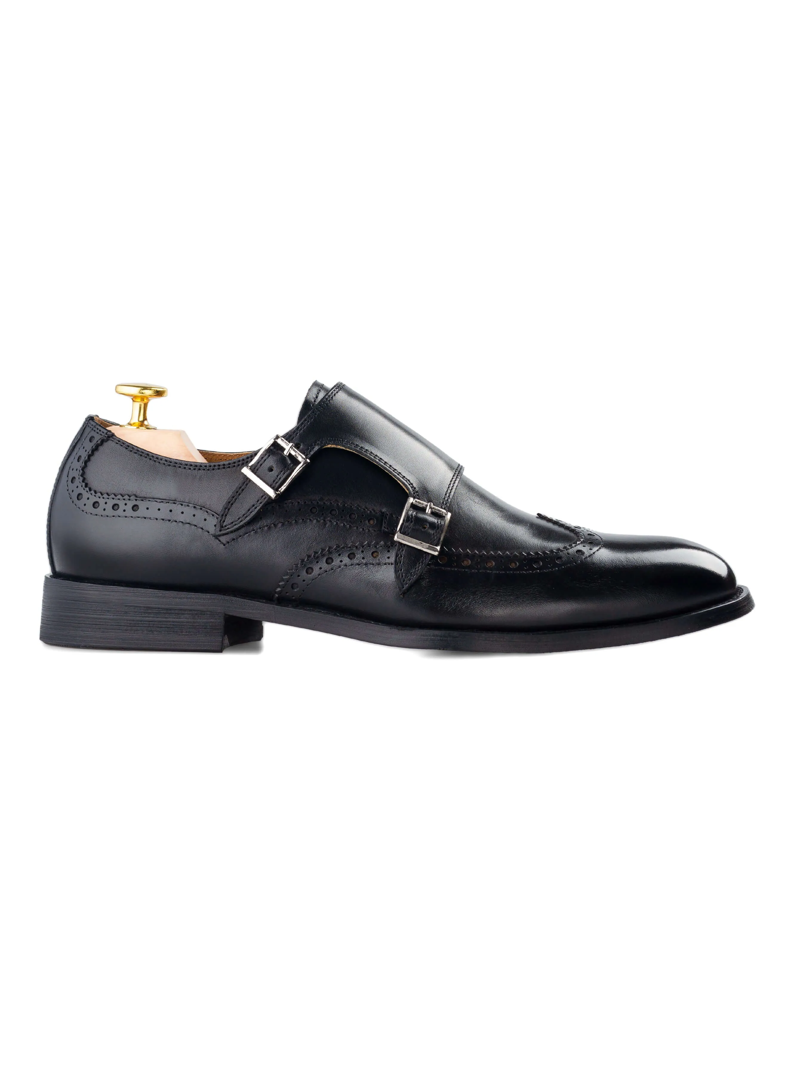 Double Monk Strap Brogue Wingtip - Solid Black (Hand Painted Patina)