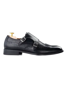 Double Monk Strap Brogue Wingtip - Solid Black (Hand Painted Patina)