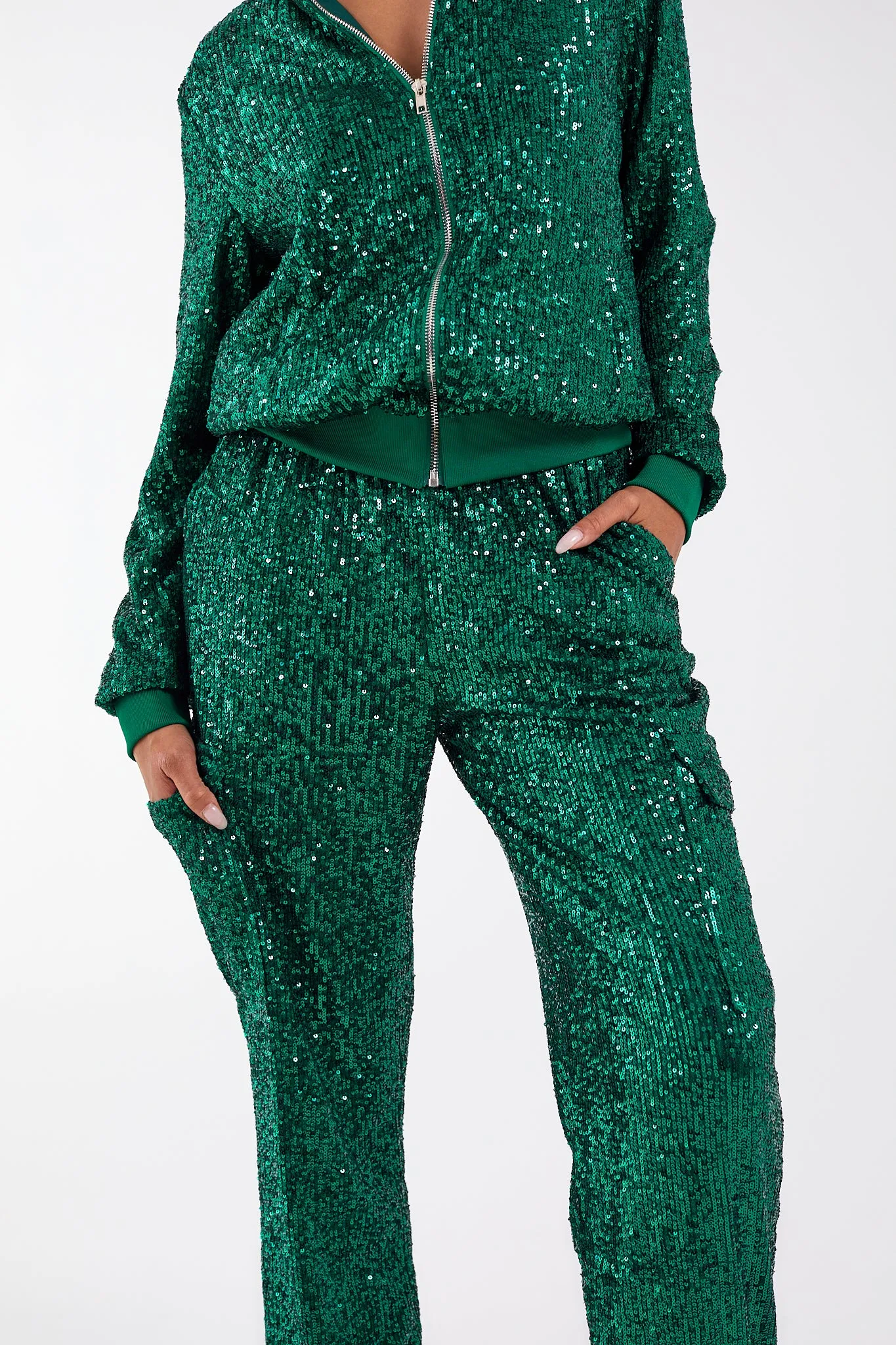 Emerald Green Sequin Jogger Cargo Set