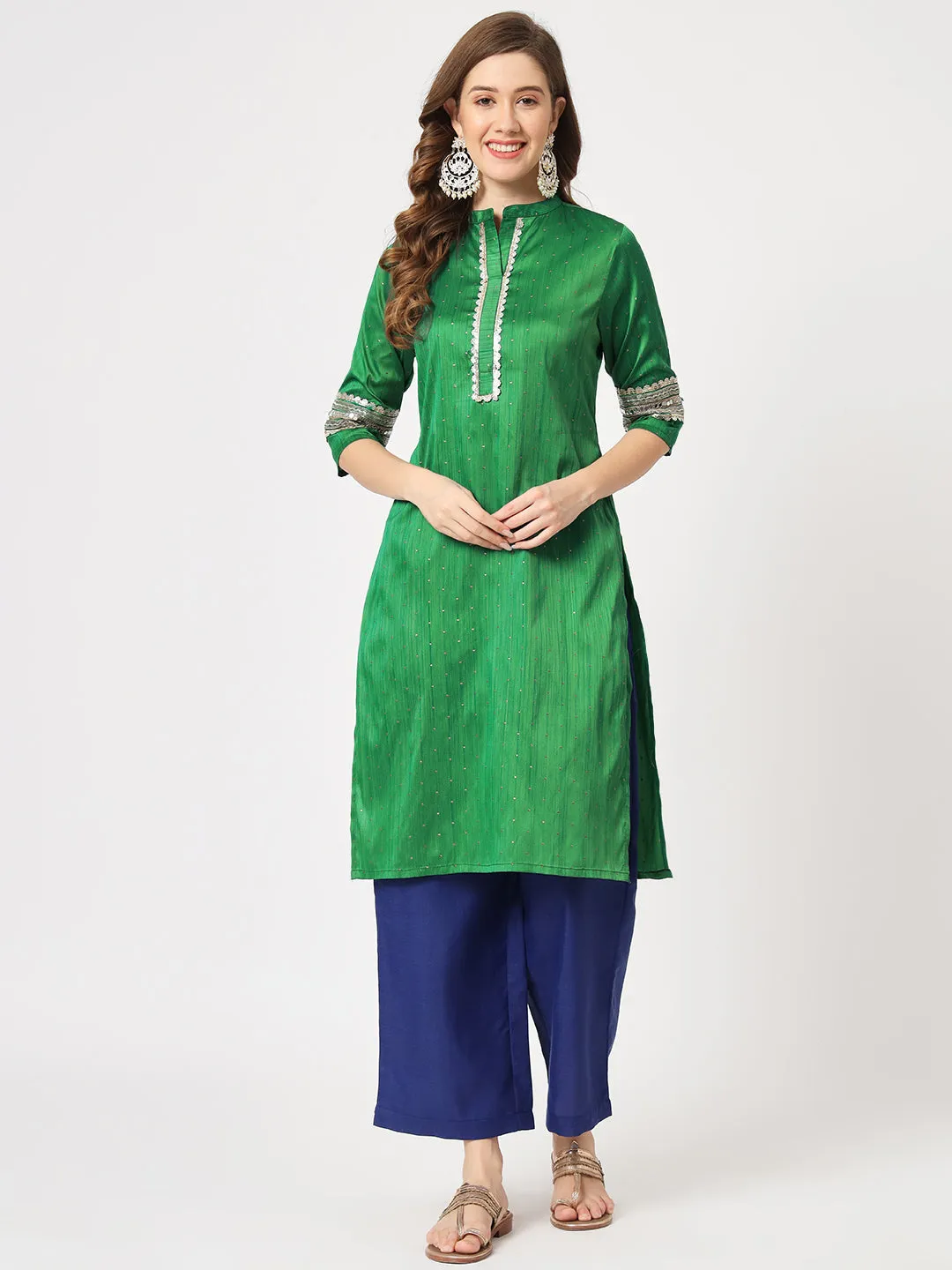 Festive Placket Embroidered Kurta With Contrasting Pants