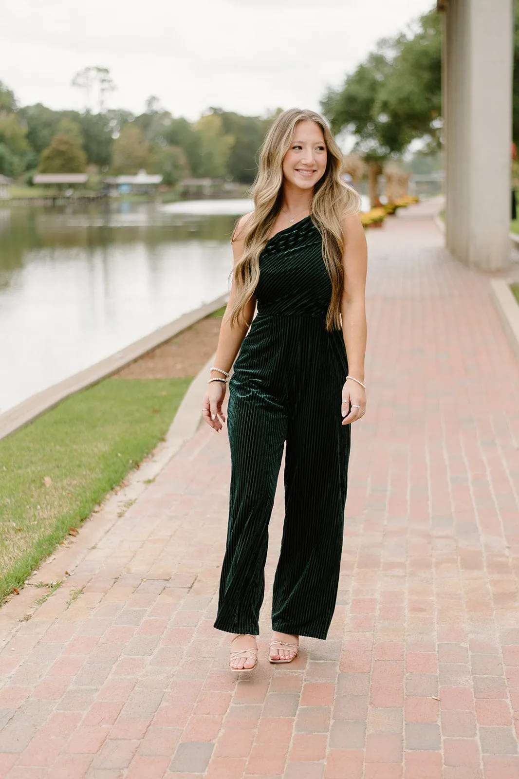 Green Velvet Stripe One Shoulder Jumpsuit