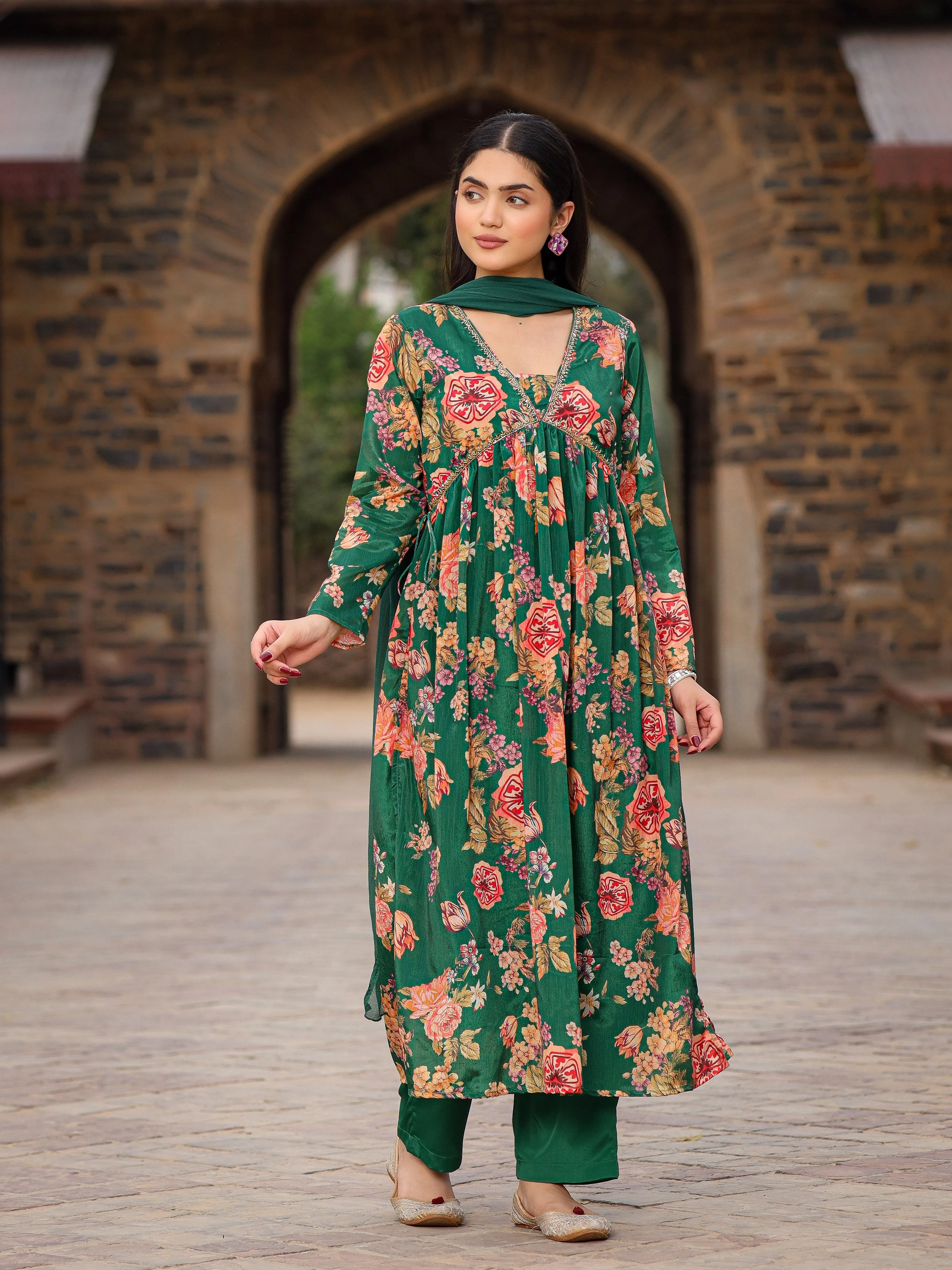 Juniper Green Floral Printed Poly Chinnon Kurta Pants & Dupatta Set With Mirror Work Embroidery