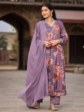 Juniper Mauve Floral Printed Poly Chinnon Kurta Pants & Dupatta Set With Mirror Work Embroidery