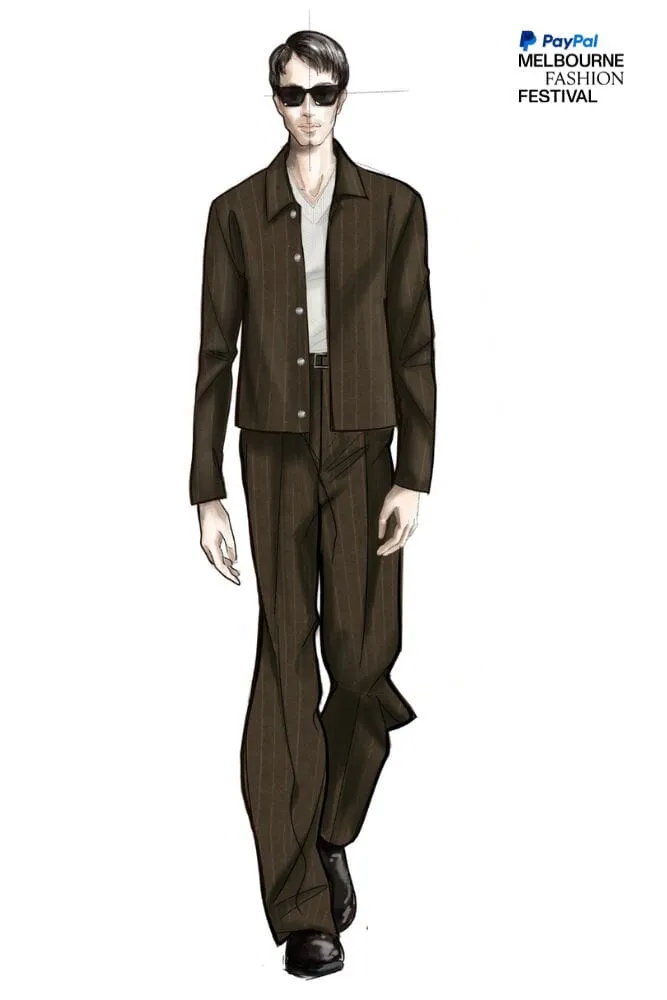 LOOK 6 - Brown Pin Stripe Blouson with Matching Wide Leg Trouser   Off White V-Neck Merino Knit