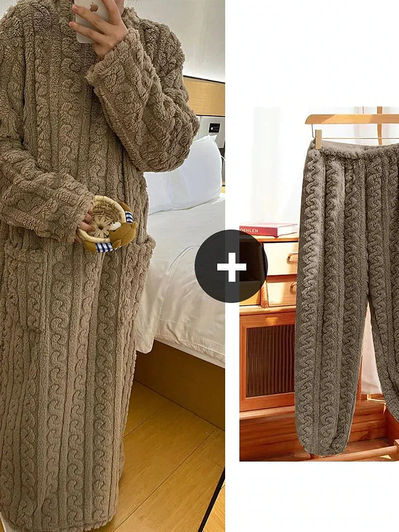 Luxurious Plush Loungewear Ensemble: Women's Robe Dress & Fleece Pajama Bottoms