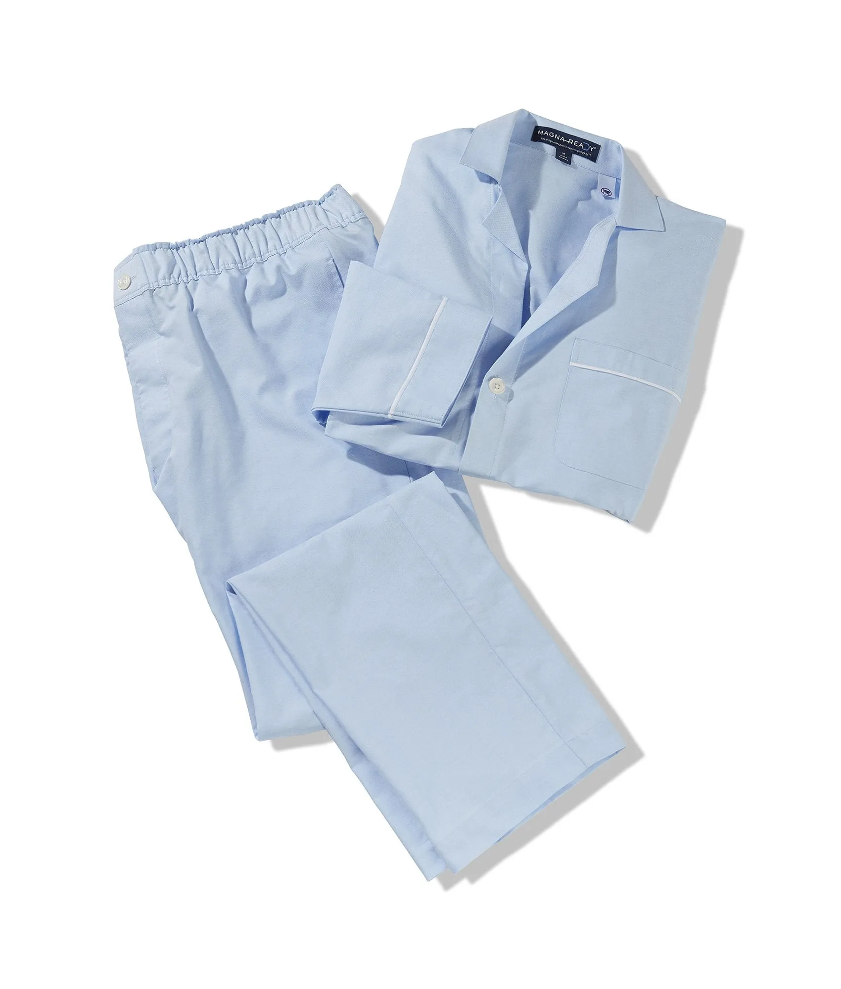 Comfortable Oxford Light Blue Pajama Pants with Convenient Magnetic Closures