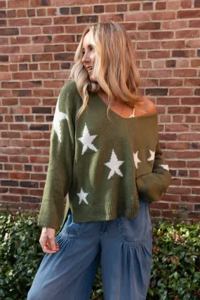 Shining Nights Starry V Neck Sweater - Green