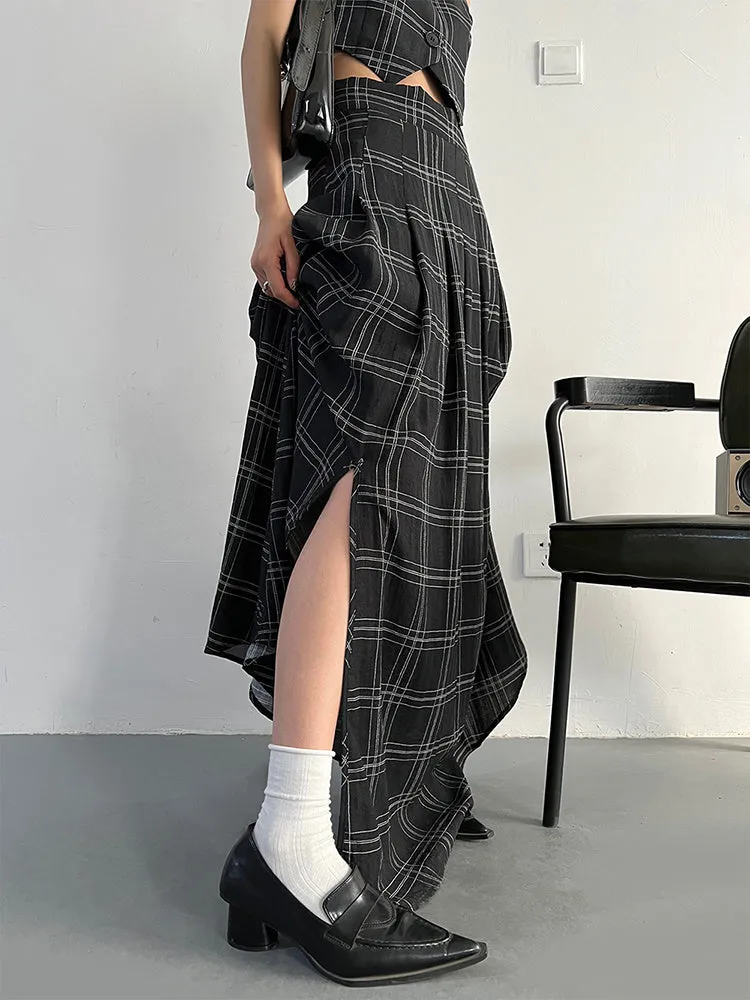 Tihee Plaid Long Skirt - Black and Gray