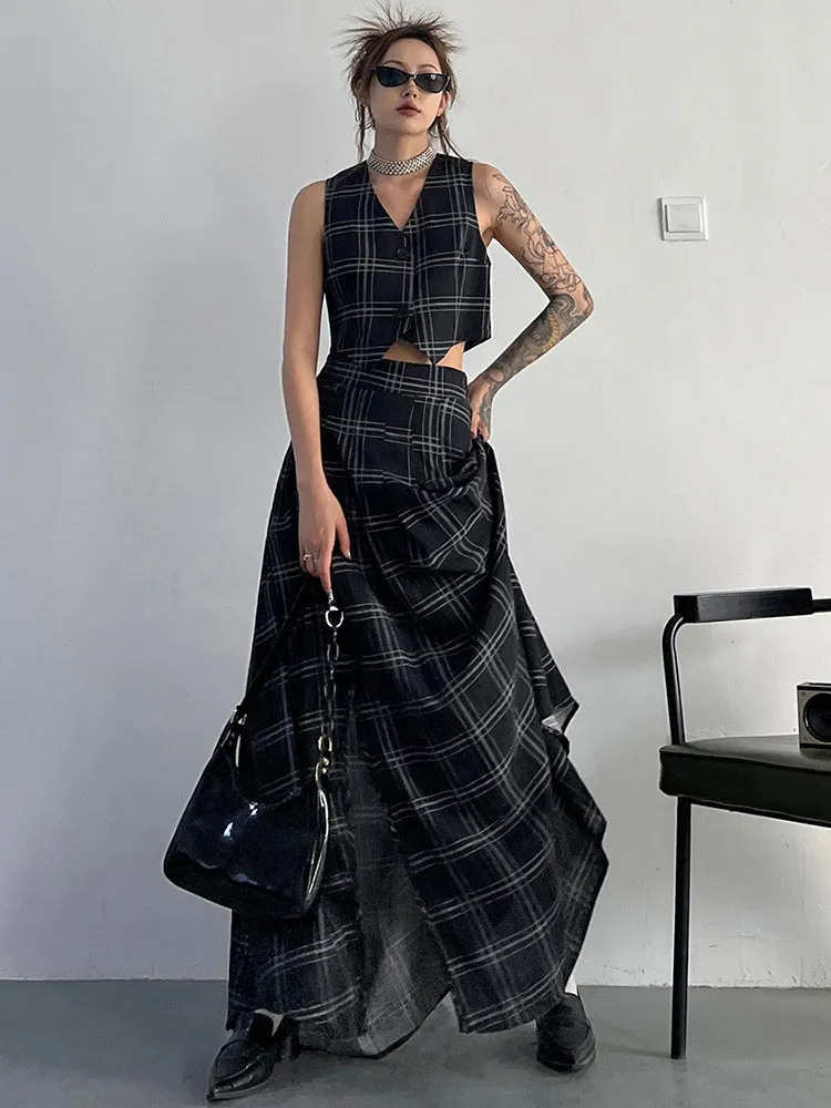 Tihee Plaid Long Skirt - Black and Gray