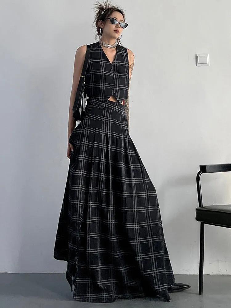 Tihee Plaid Long Skirt - Black and Gray