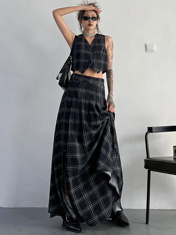 Tihee Plaid Long Skirt - Black and Gray