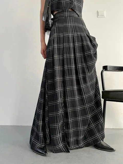 Tihee Plaid Long Skirt - Black and Gray