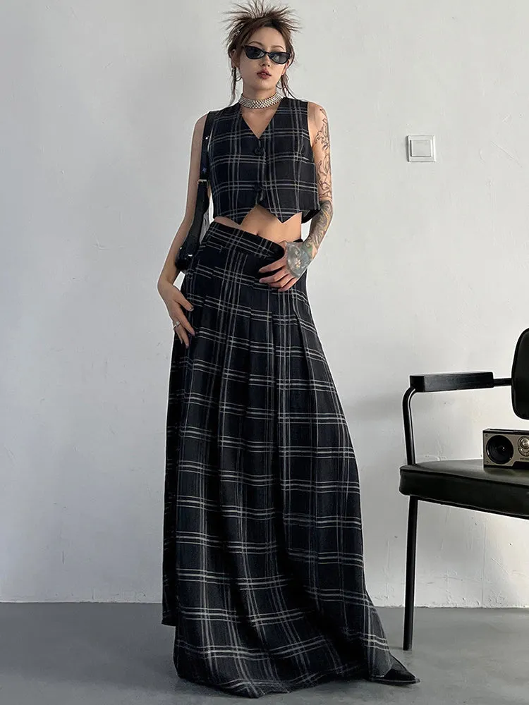 Tihee Plaid Long Skirt - Black and Gray