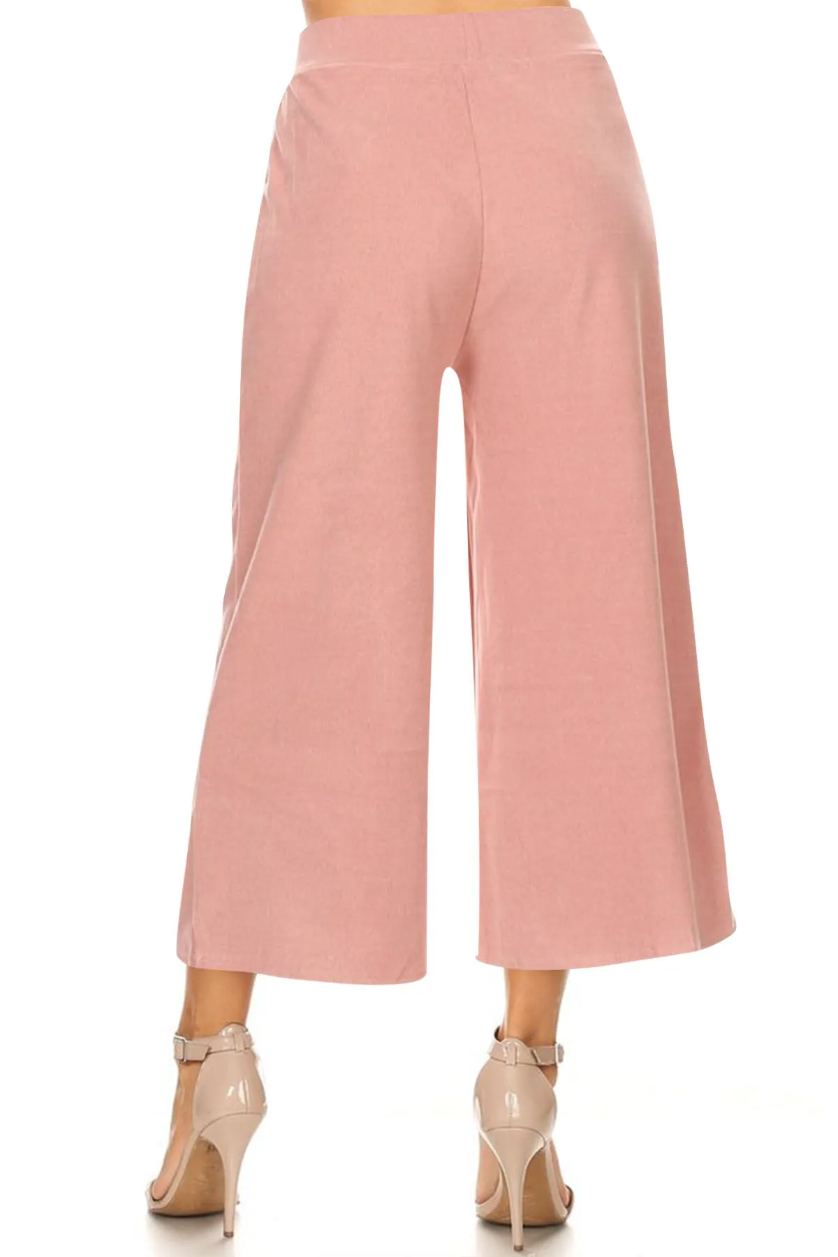 Women's High Waist Faux Suede Side Pockets Comfy Loose Wide Fit Solid Cropped Pants